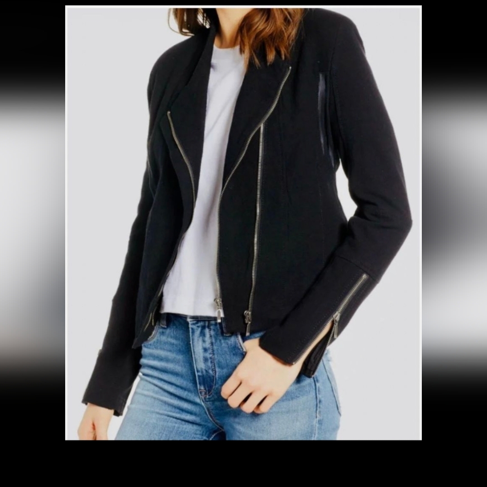 BLANK NYC Crepe Mesh Black Moto Jacket Asymmetrical Dual Zip, Size 2X